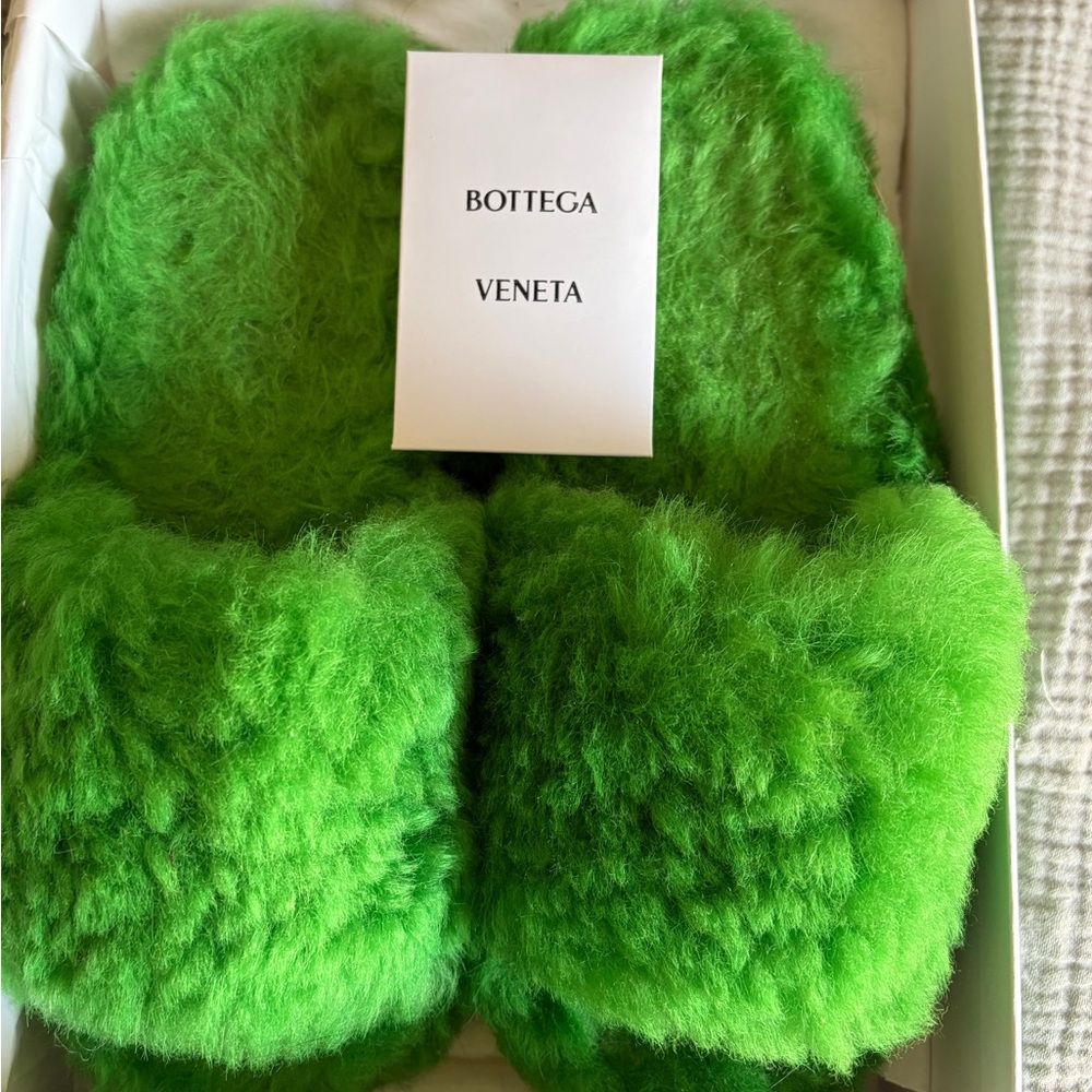 Bottega Veneta Parakeet Green Shearling- Teddy slides